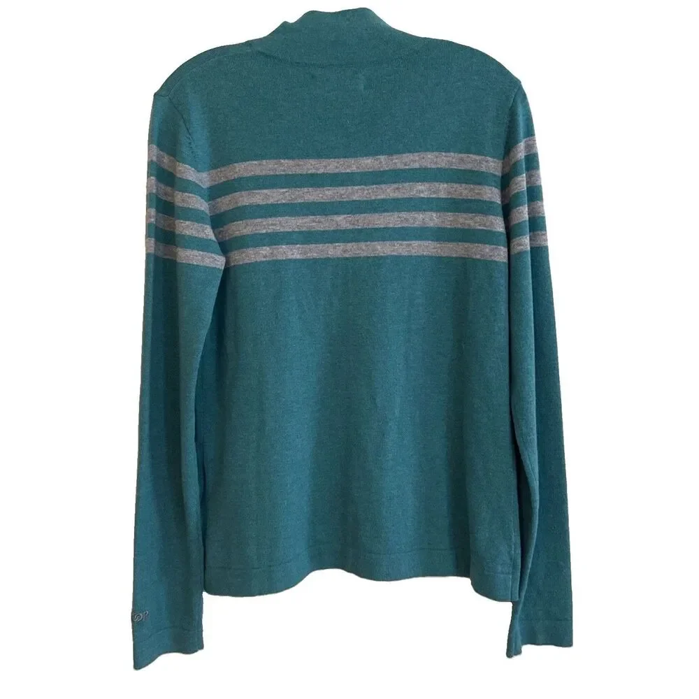 SKHOOP Merino Wool Blend 1/4 Zip Sweater Womens Sz M Teal Gray Mariner Striped